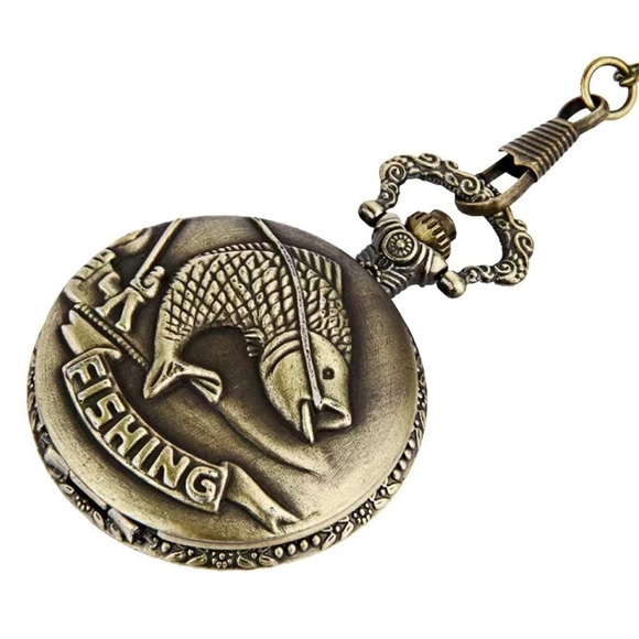Pocket Chain Watch Fishing Theme Sportsperson Bronze Steampunk Retro Style Gift - Picture 5 of 15
